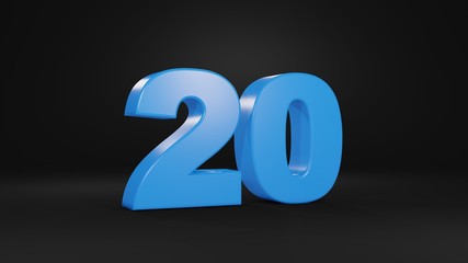 Number 20 in blue on black background, 3D illustration