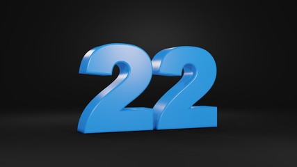 Number 22 in blue on black background, 3D illustration