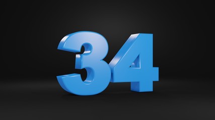 Number 34 in blue on black background, 3D illustration
