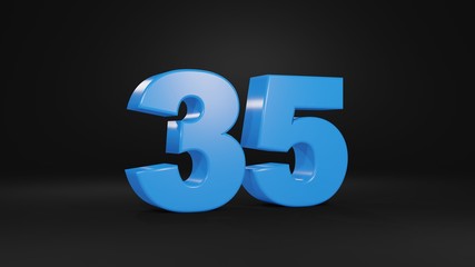 Number 35 in blue on black background, 3D illustration