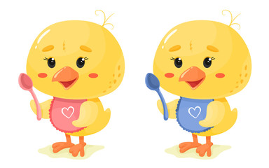 Cute chickens boy and girl with spoons. Vector isolates in cartoon flat style. Great for baby food, clothes.