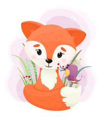 Cute fox with another bird sitting in the grass.  Vector illustration in cartoon flat style.
