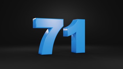Number 71 in blue on black background, 3D illustration