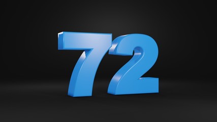 Number 72 in blue on black background, 3D illustration