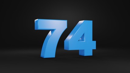 Number 74 in blue on black background, 3D illustration