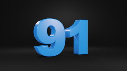 Number 91 in blue on black background, 3D illustration