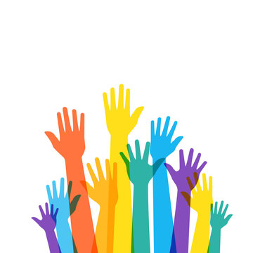 Colorful raised hands poster. Clipart image isolated on white background