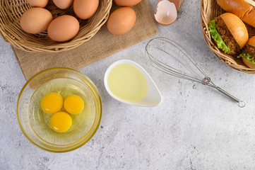 Fresh brown eggs and bakery product