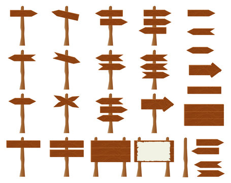 Wooden pointers. Plank direction indicators. Set of wooden pointers. Vector illustration.