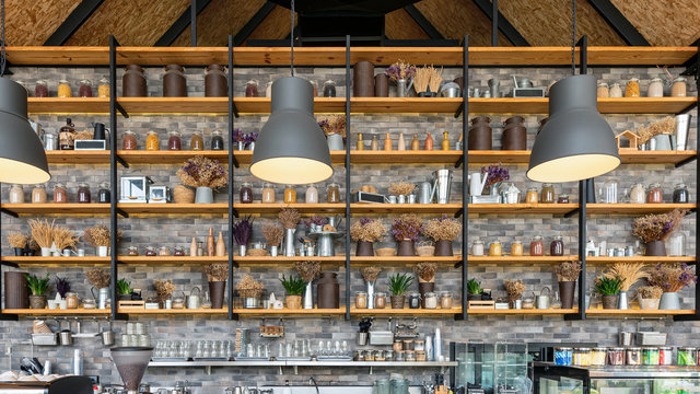 Collection Wooden Shelf With Bottle, Plant On Counter Bar