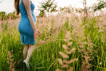 Pregnant girl go, with round stomach, go on grass in the outdoor in the garden background with trees. full length. go back, sideways.