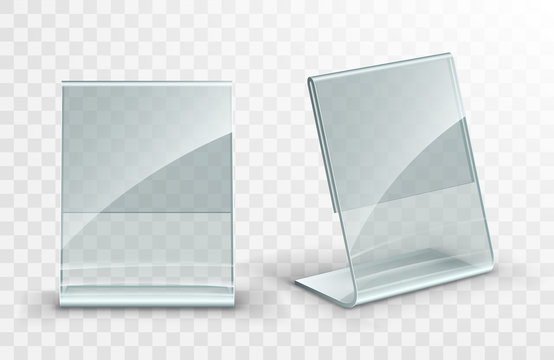 Vector Acrylic Table Tent. Card Holder Isolated On Transparent Background. Empty Flyer Glass Display.