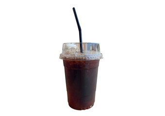 Iced black coffee in plastic glass isolate on white background.