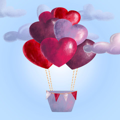 balloon with bright hearts flying among the clouds. cute illustration for happy valentine's day, birthday, wedding, mother's day