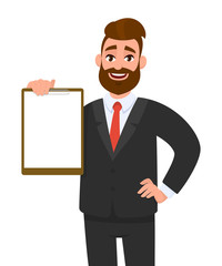 Young businessman showing blank clipboard. Person holding notepad. Male character design illustration. Human emotions, facial expressions & gestures concept in vector cartoon style.