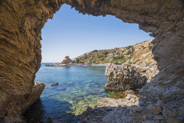 Fototapeta premium Krajobraz plaży Grande Blue Stegna (tajna plaża), Rodos, Grecja