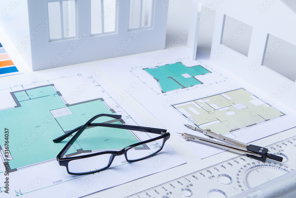 Poster bureau of architecture. drawings on the desk of an engineer. workplace of the architect. design of r