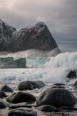 unstad beach, surfers paradise behind arctic circle. Surfing at Lofoten islands, vestvagoy island. world famous beach for surfers