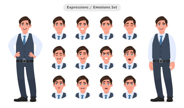 Set of male character's facial expressions. Collection of man with different emotions. Emoji with various face reactions. Human feelings concept illustration in vector cartoon style.