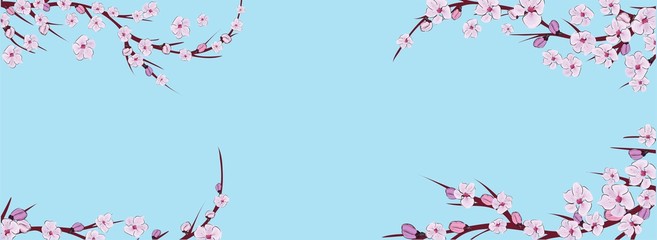 Blue abstract background. Branch of sakura in abstract style on blue background. Sakura vector flower. Horizontal banner. Spring pattern. Cherry blossom branch.