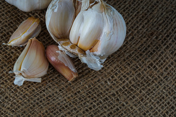 Focus on fresh peeled garlic and bulb over vintage cloth