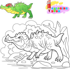 cartoon scary carnivorous dragon went hunting, funny illustration