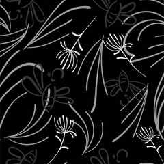 Dandelion grey seamless on dark background. Decorative dandelion wallpaper. Seamless pattern background. Abstract surface pattern design