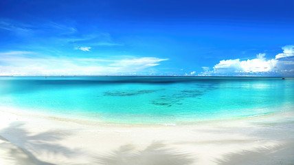 Fototapeta na wymiar Beautiful beach with white sand, shadows from leaves of palm trees, turquoise ocean water and blue sky with clouds in sunny day. Panoramic view. Natural background for summer vacation.