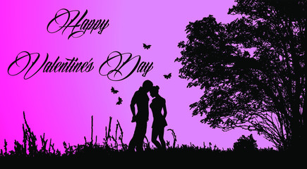 Fototapeta na wymiar Valentine's day postcard silhouette of a pair of lovers under a tree vector image