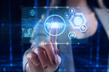 Fototapeta premium Business, Technology, Internet and network concept. Young businessman working on a virtual screen of the future and sees the inscription: