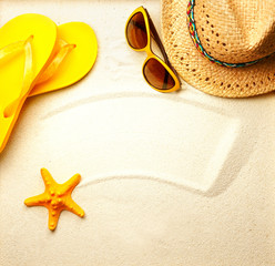 Yellow orange colorful summer accessories for beach vacation concept. Straw hat, sunglasses, beach...