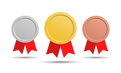 Medals Gold, silver and bronze medal. Medals with red ribbons. Vector