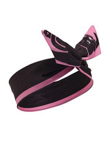 Subject shot of a black textile hairband with cat print and a pink stripe. The hairband is isolated on the white background.