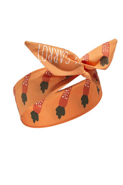 Subject shot of an orange textile hairband with printed carrots and a lettering "carrot". The hairband is isolated on the white background.
