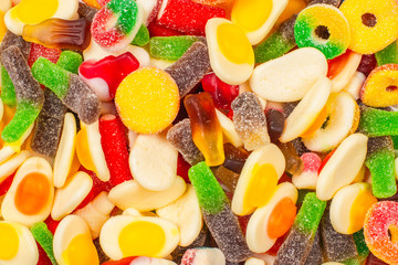 Assorted gummy candies. Top view. Jelly  sweets.