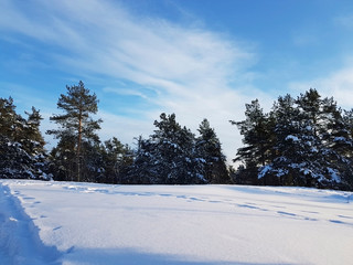 Beautiful snowy winter landscape with blue sky and white clouds.