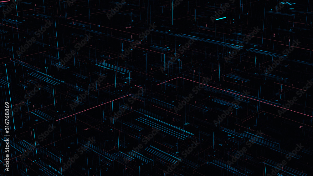 Poster 3D Rendering of abstract lines and dots geometry structure. Concept for Big data processing, machine learning, artificial intelligence, technology background
