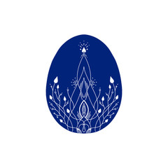 Vector illustration of Easter egg. Easter egg decorated with plant ornaments. Dark blue with white ornaments.