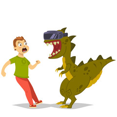 Dinosaur in virtual reality glasses has frightened man. Concept cartoon vector illustration isolated on a white background.