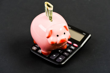 piggy bank with calculator. Moneybox. bookkeeping. financial report. family budget management....