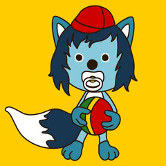baby wolf with blue wool in cap with a pacifier in his mouth and holding a ball in his hands, vector emoticon on yellow isolated background