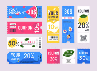 Vector Gift Voucher with Coupon Code. Sale labels with discount numbers.