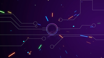 Abstract motherboard scheme formation animation in space of colorful line flying particles.