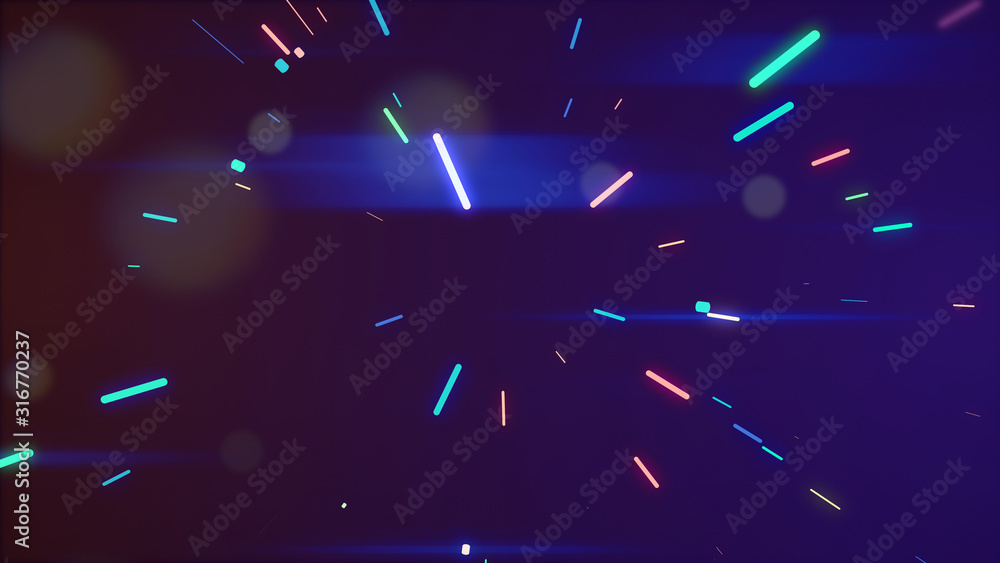 Poster multicolored neon glowing rays in tunnel motion with translucent bokeh particles floating around.