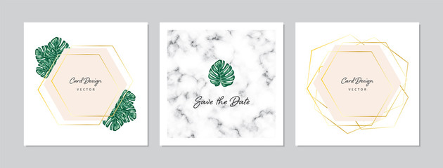 Square card design set with hand marble texture, gold elements and monstera leaves. Hand drawn doodles and sketches vector vintage illustrations. © AgataCreate