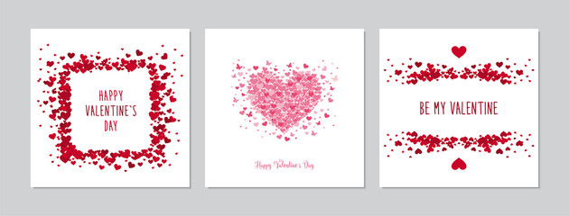 Valentine`s Day square cards set with hand drawn hearts. Doodles and sketches vector vintage illustrations.