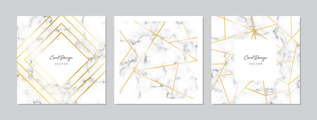 Square card design set with hand marble texture and geometric gold elements lines. Hand drawn doodles and sketches vector vintage illustrations.