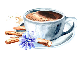 Hot Chicory drink in a cup with a flower and dried chicory roots. Watercolor hand drawn illustration, isolated on white background