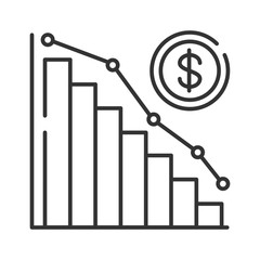 Economic problems black line icon. Bankruptcy. Sinking business process in financial crisis. Economic loan payback problem and investment failure and budget collapse. Sign for web page, mobile app.