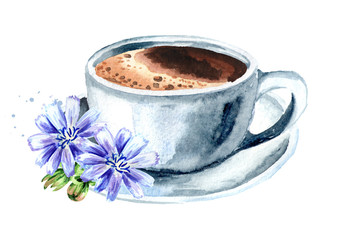 Hot Chicory drink in a cup with flowers. Watercolor hand drawn illustration, isolated on white background